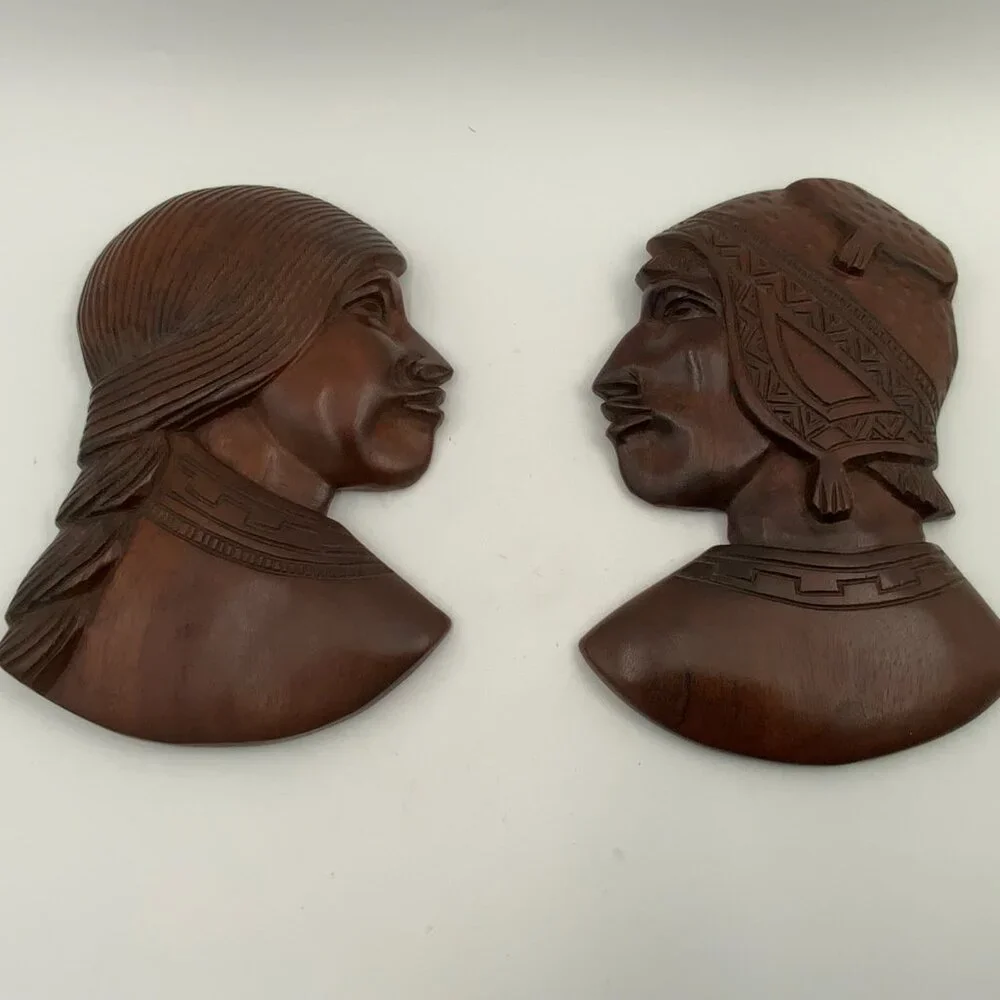 2 Vintage Carved Wood Native American Heads Male & Female Wall Hanging Art MCM